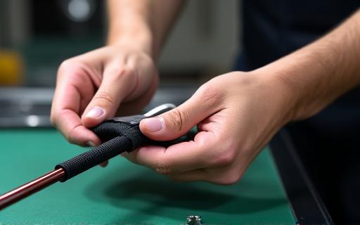 Close-up of a technician's hands carefully wrapping a new grip on a golf club.