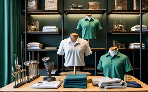 A beautifully arranged display of premium golf clubs and apparel in a retail store.